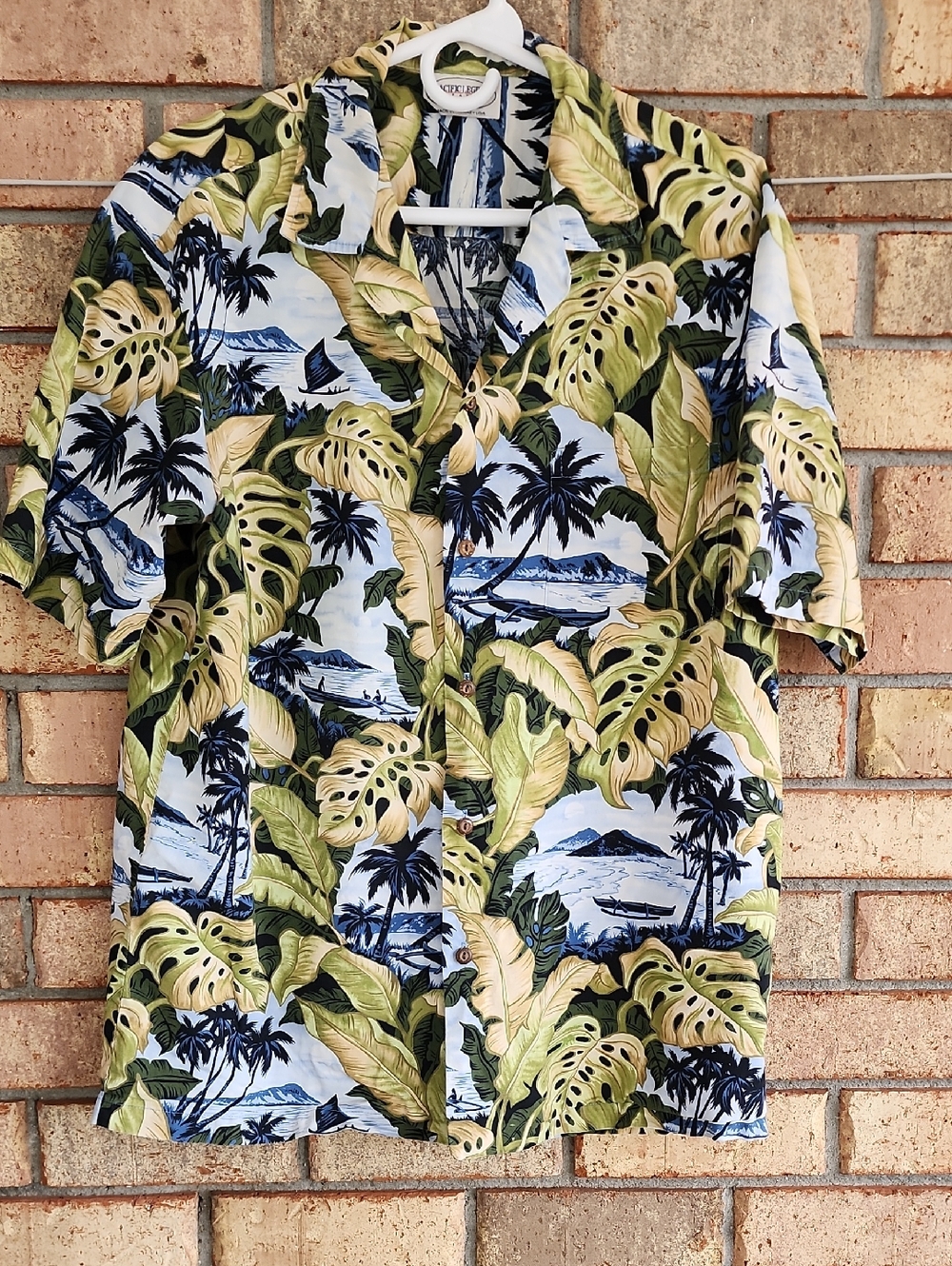 Pacific Legend Size Large Tropical Leaf Print Short-Sleeve‎ Shirt - Green/Blue